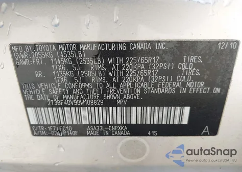 2011 Toyota Rav4 z USA, uszkodzony, nr VIN 2T3BF4DV9BW108829